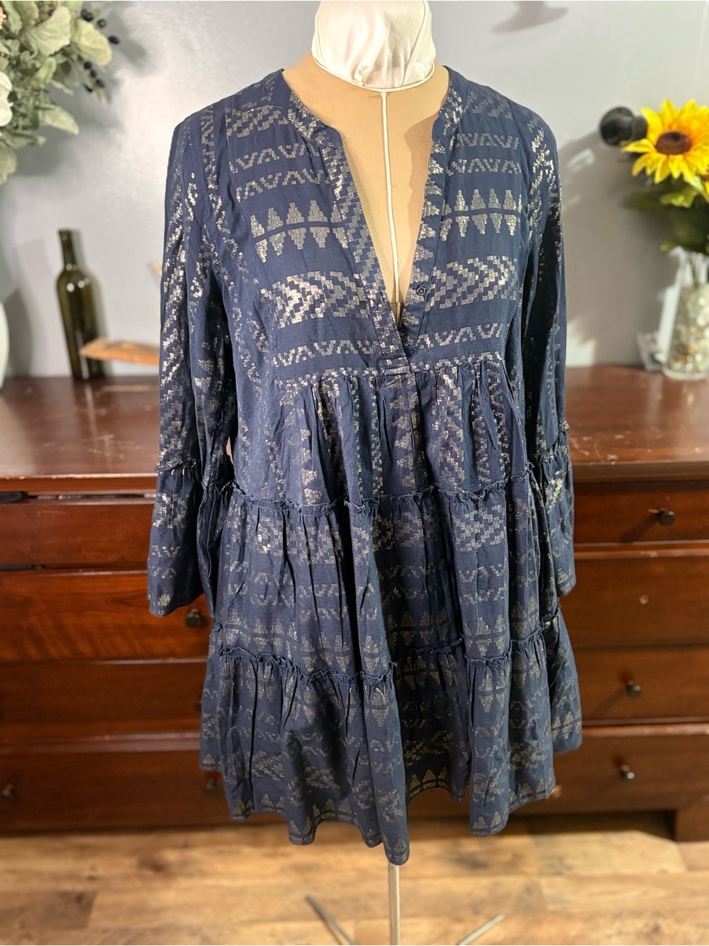 Elan Navy Patterned Tiered V-Neck Mini Dress